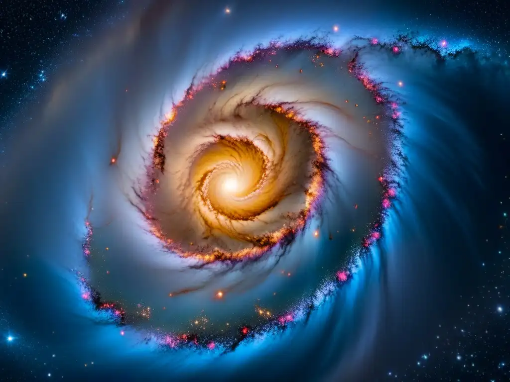 Exploración del universo a través de la poesía: Galaxia espiral con estrellas jóvenes y nebulosas, vista detallada y cautivadora