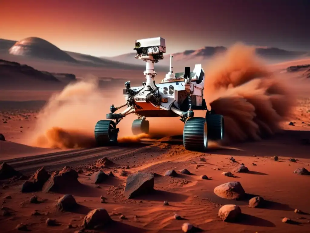 Exploración de Marte con vehículos lanzadores: Rover futurista lanzado en el cielo rojo marciano entre tormenta de polvo y paisaje alienígena