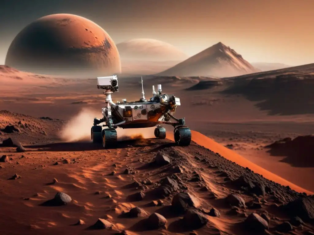 Exploraciones espaciales históricas análisis: Rover en terreno marciano rocoso, avanzando bajo el sol rojo