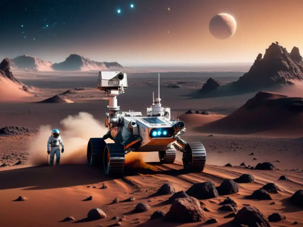 Explorador espacial futurista con IA avanzada en planeta remoto Explorador espacial futurista con Inteligencia Artificial en terreno alienígena, entre nubes cósmicas y rocas gigantes