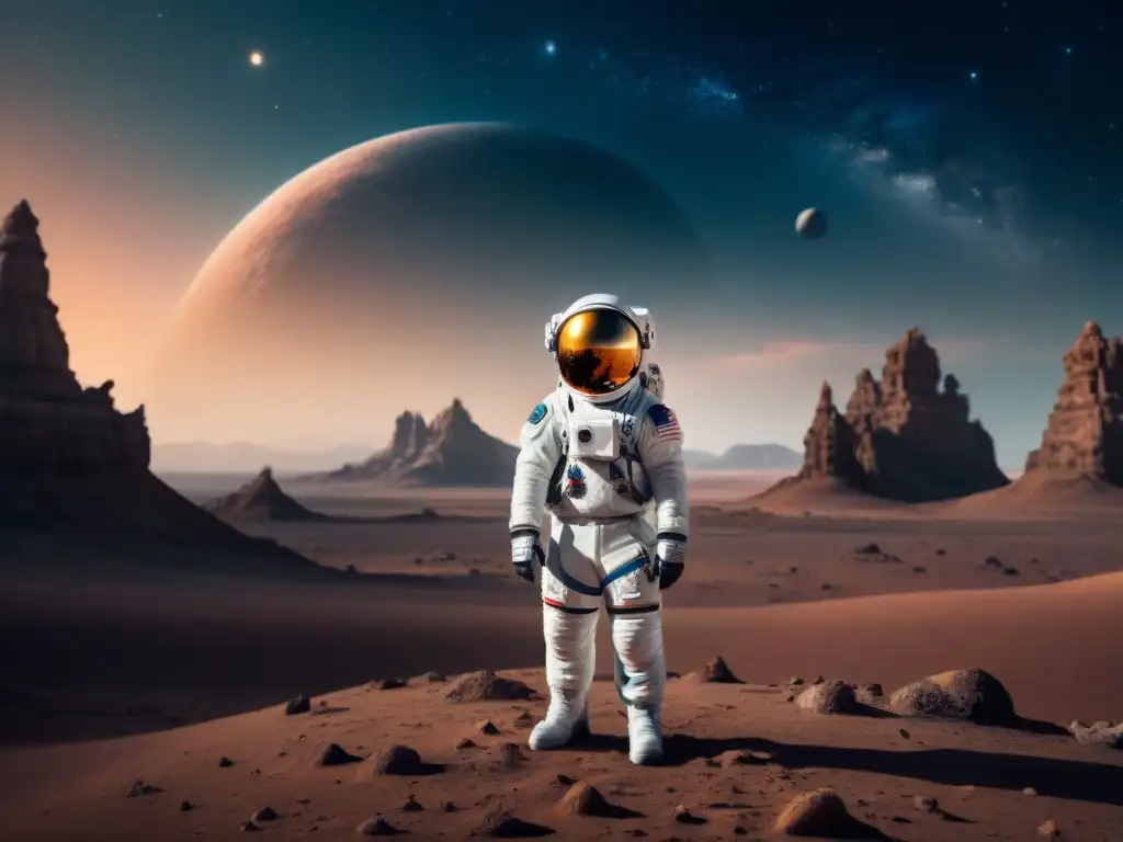 Astronauta solitario en planeta alienígena Explorador espacial solo en planeta alienígena, reflejando la soledad y desafíos de 'Psicología en misiones espaciales'