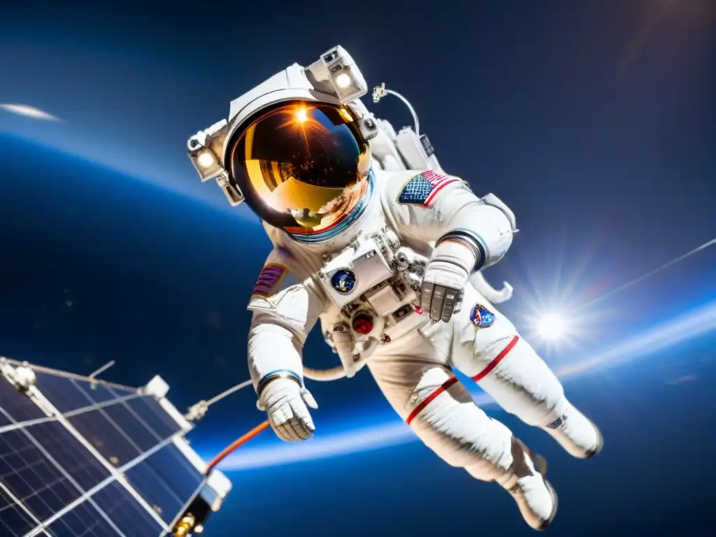 Explorador espacial repara tecnología con la Tierra de fondo Explorador espacial repara tecnología avanzada en estación espacial, con vista única de la Tierra