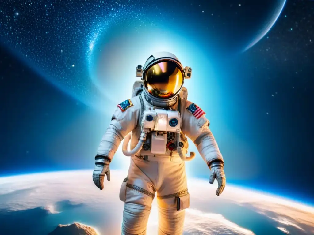 Explorador espacial en el vacío cósmico Explorador espacial flotando en el vasto universo, rodeado de galaxias y estrellas, iluminado por la luz celestial