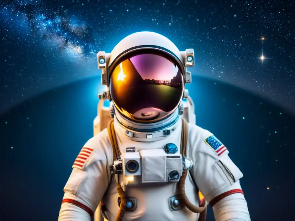 Astronauta explorando el cosmos con inteligencia artificial avanzada Explorador del espacio flotando entre estrellas y galaxias, con interfaz AI mostrando análisis datos espacio profundo