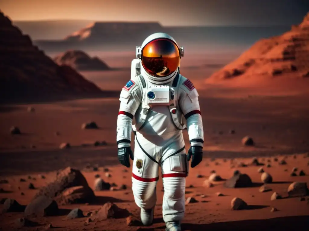 Explorador del espacio en Marte, reflejando paisaje marciano