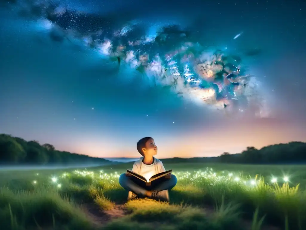 Niño explorador admira estrellas con libro de astronomía en campo de noche iluminado, Libros astronomía niños exploradores espacio