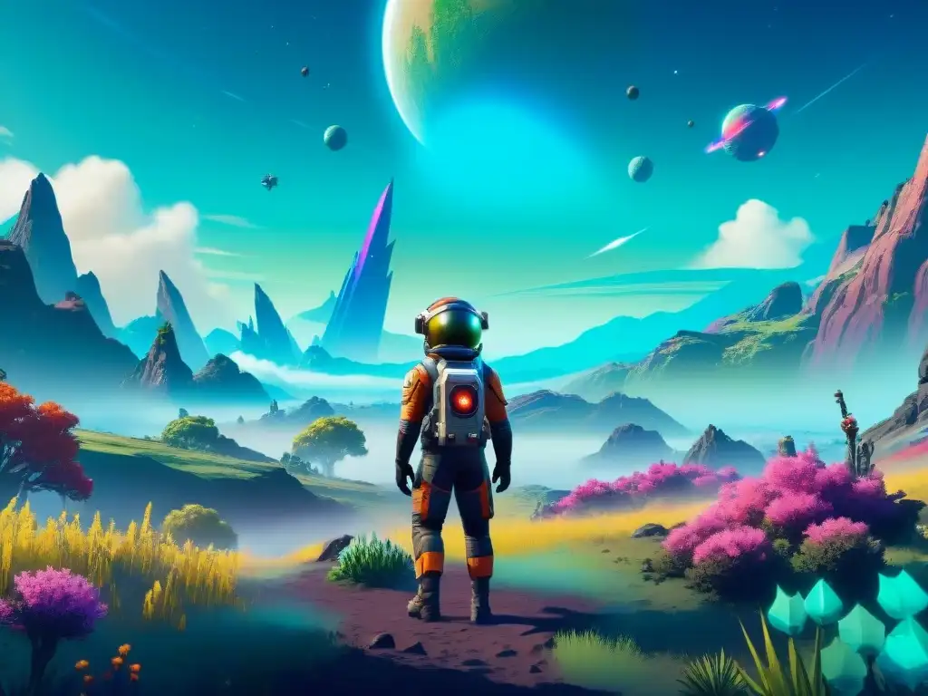 Explorador maravillado en un exuberante planeta alienígena de 'No Man's Sky', transmitiendo asombro y descubrimiento