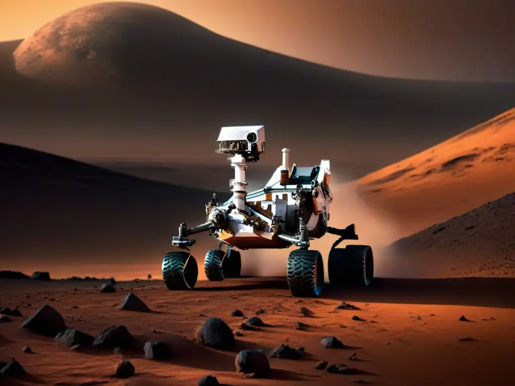 Explorador Curiosity en Marte al atardecer, con su brazo robótico extendido
