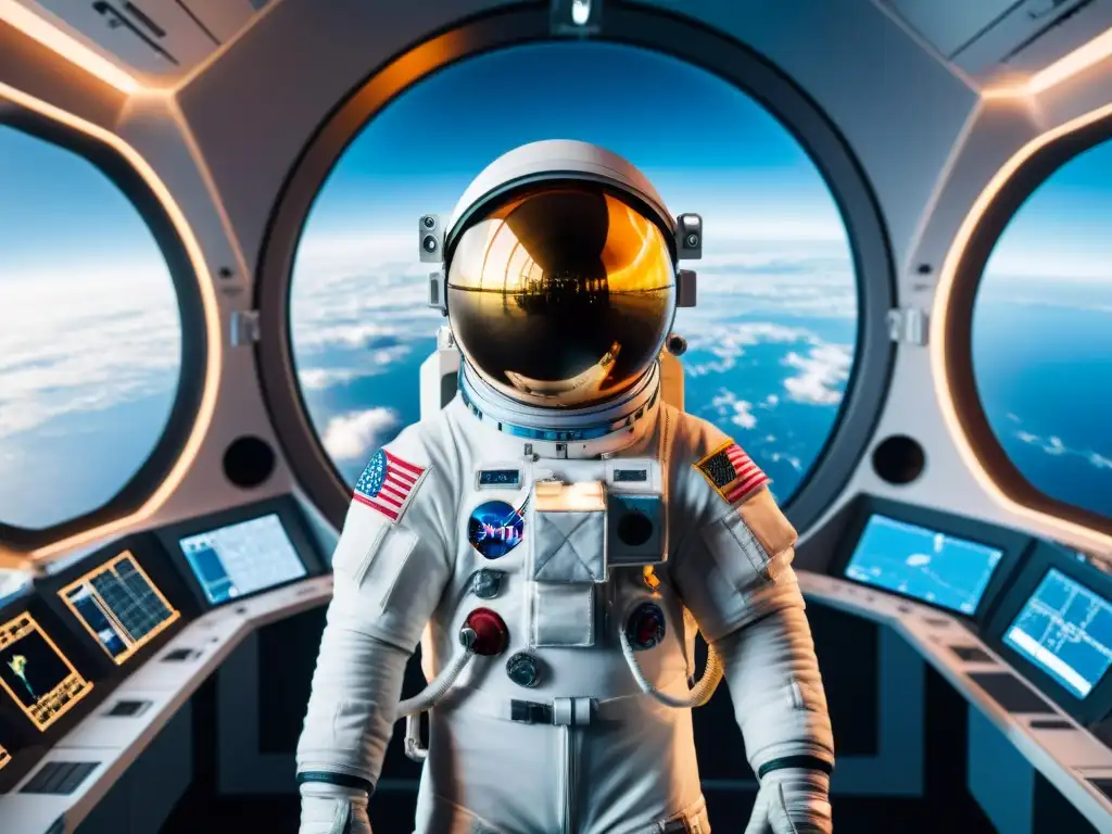Experimento en gravedad cero: Astronauta observa esfera metálica Explorador en traje espacial flota en nave futurista observando experimento gravedad cero divertido en la Tierra