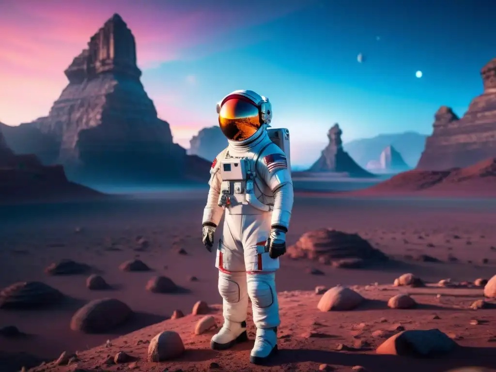 Explorador en traje espacial futurista con orbe brillante en planeta alienígena