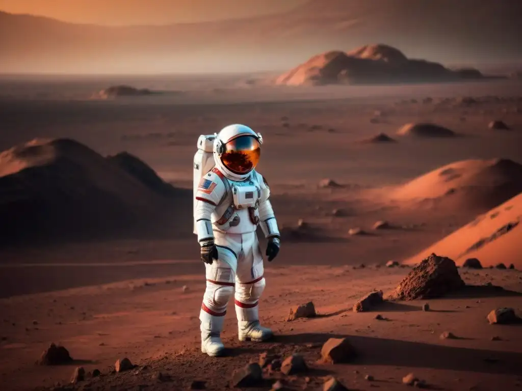 Explorador en traje espacial en Marte, observando la Tierra desde lejos al atardecer