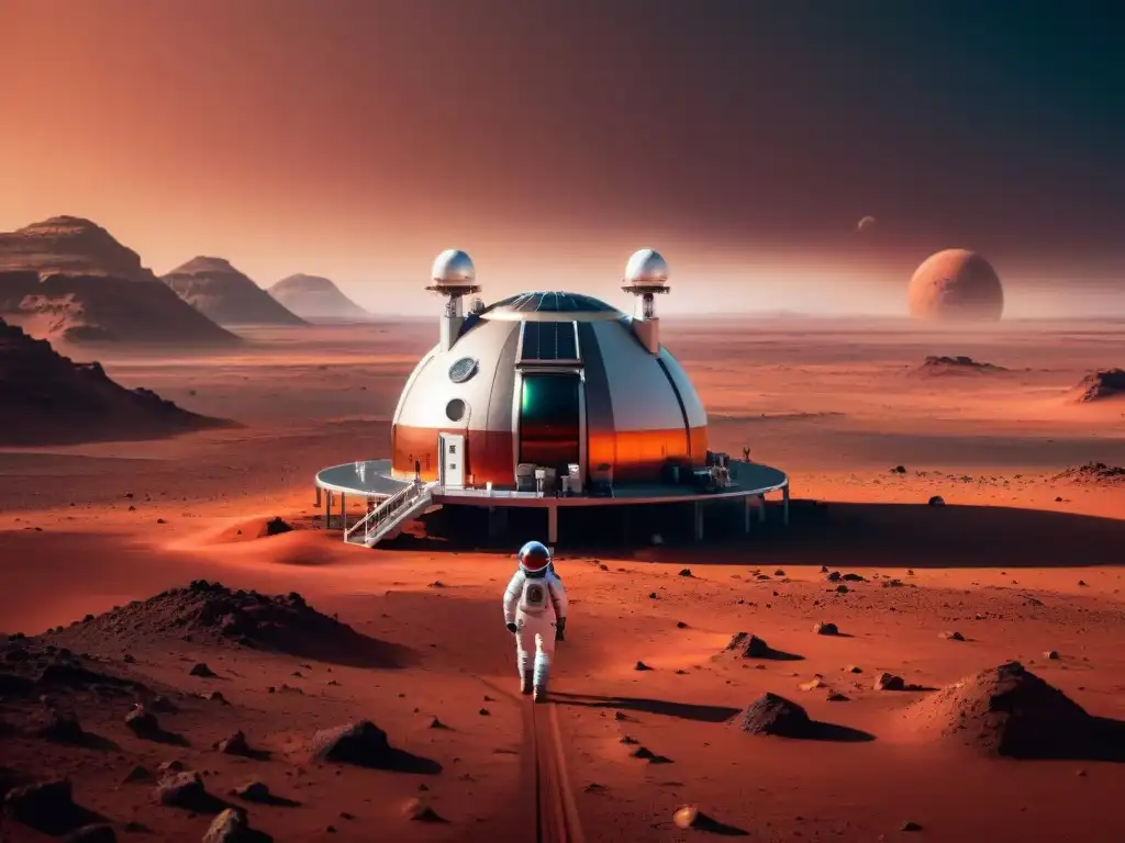 Exploradores en la estación espacial en Marte, preparándose para vivir en el planeta rojo