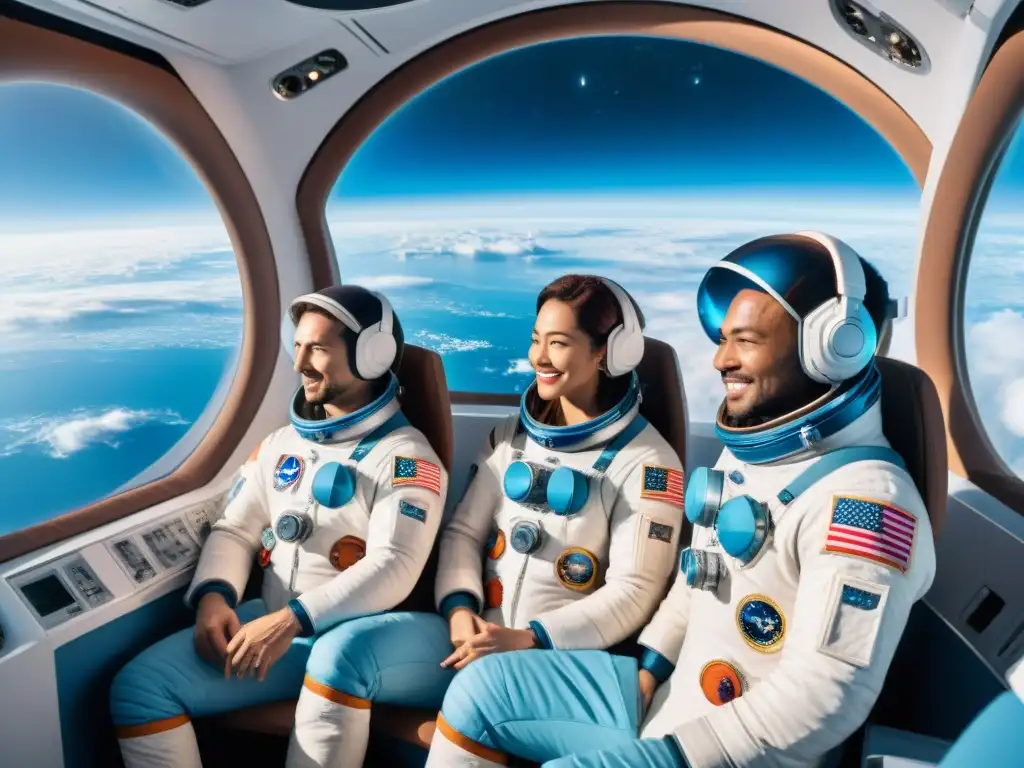 Turistas espaciales maravillados con la Tierra desde el espacio Exploradores espaciales maravillados observan la Tierra desde una nave lujosa