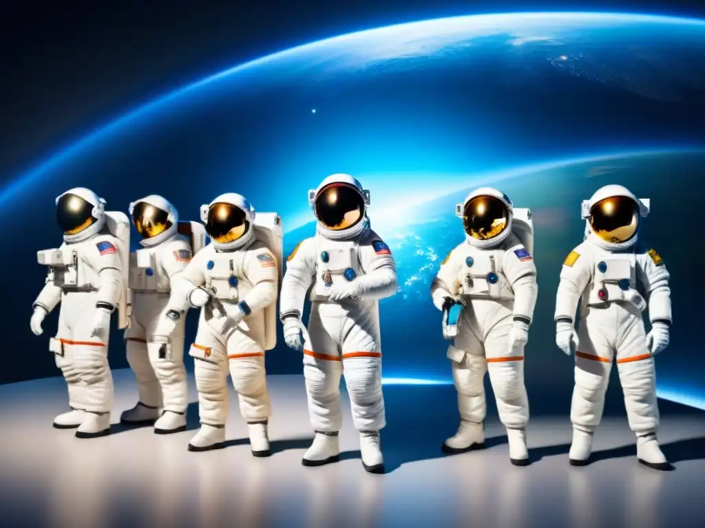 Exploradores del espacio en trajes futuristas frente a nave espacial con la Tierra de fondo