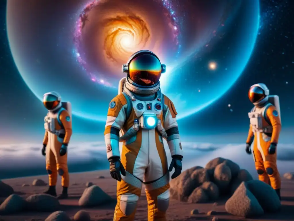 Exploradores futuristas atraviesan portal en un multiverso cósmico, representando realidades alternativas