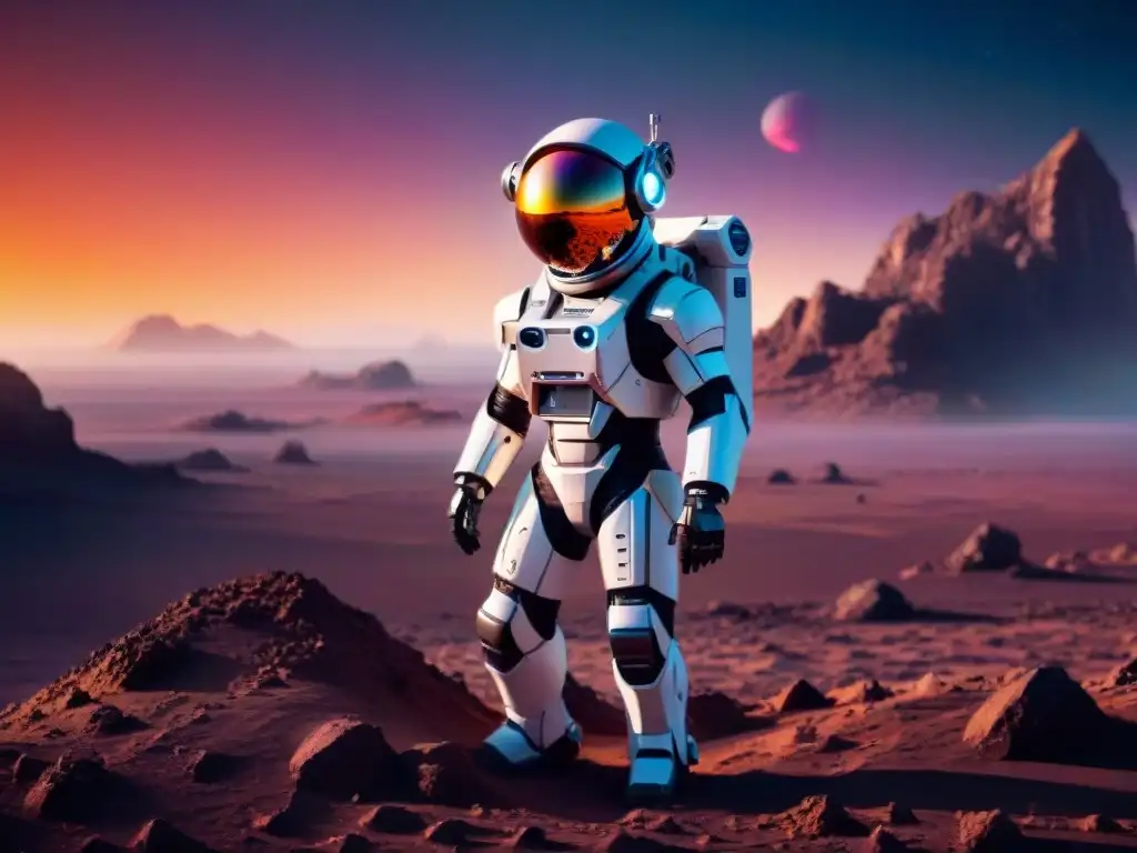 Exploradores robóticos en misiones espaciales: Futurista robot explorador en planeta alienígena al atardecer