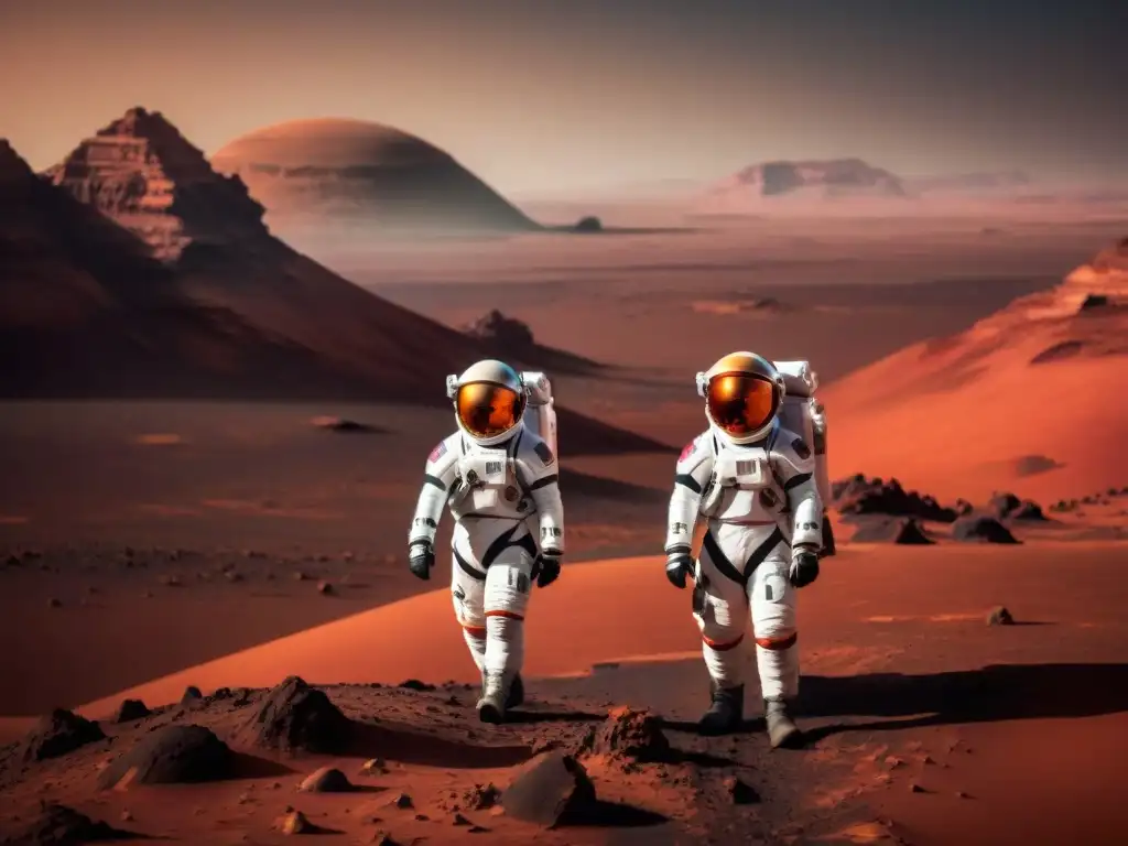 Exploradores en trajes espaciales futuristas colonizando Marte
