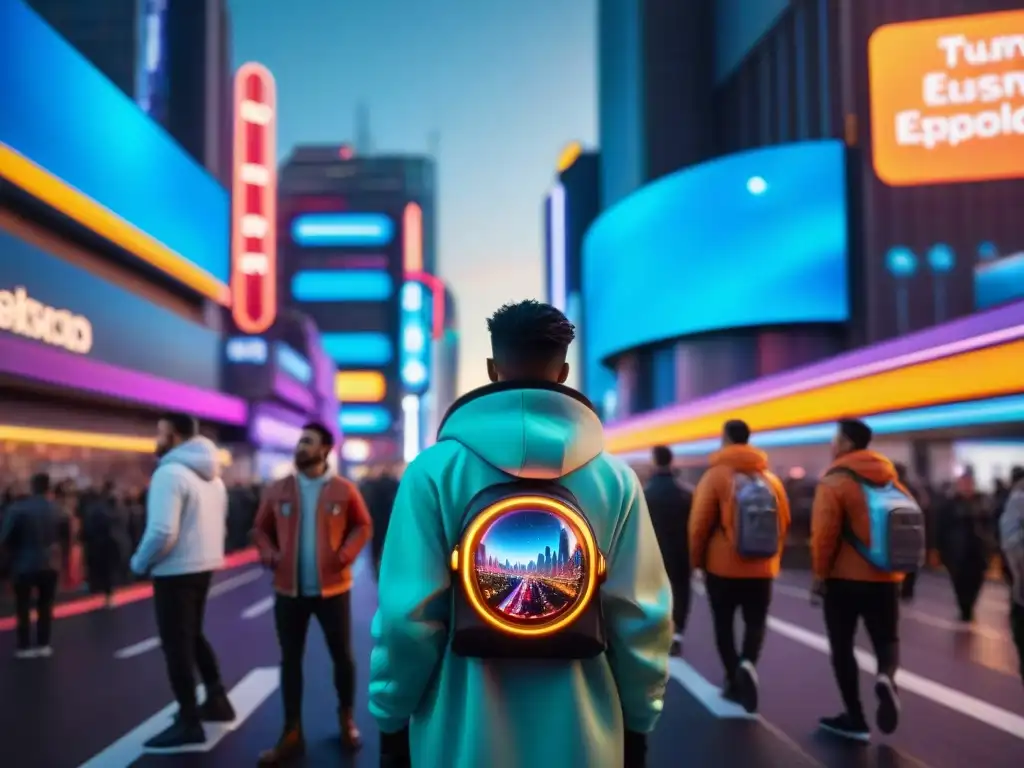 Metrópolis futurista: exploradores cósmicos en la ciudad Exploradores urbanos cósmicos visten moda futurista en bulliciosa ciudad galáctica