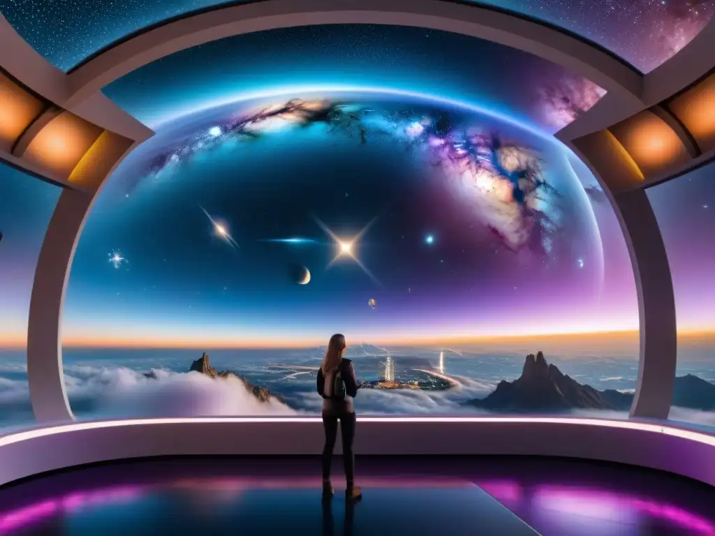 Explora exposiciones virtuales de astronomía intergaláctica en una estación espacial futurista con hologramas de galaxias y nebulosas