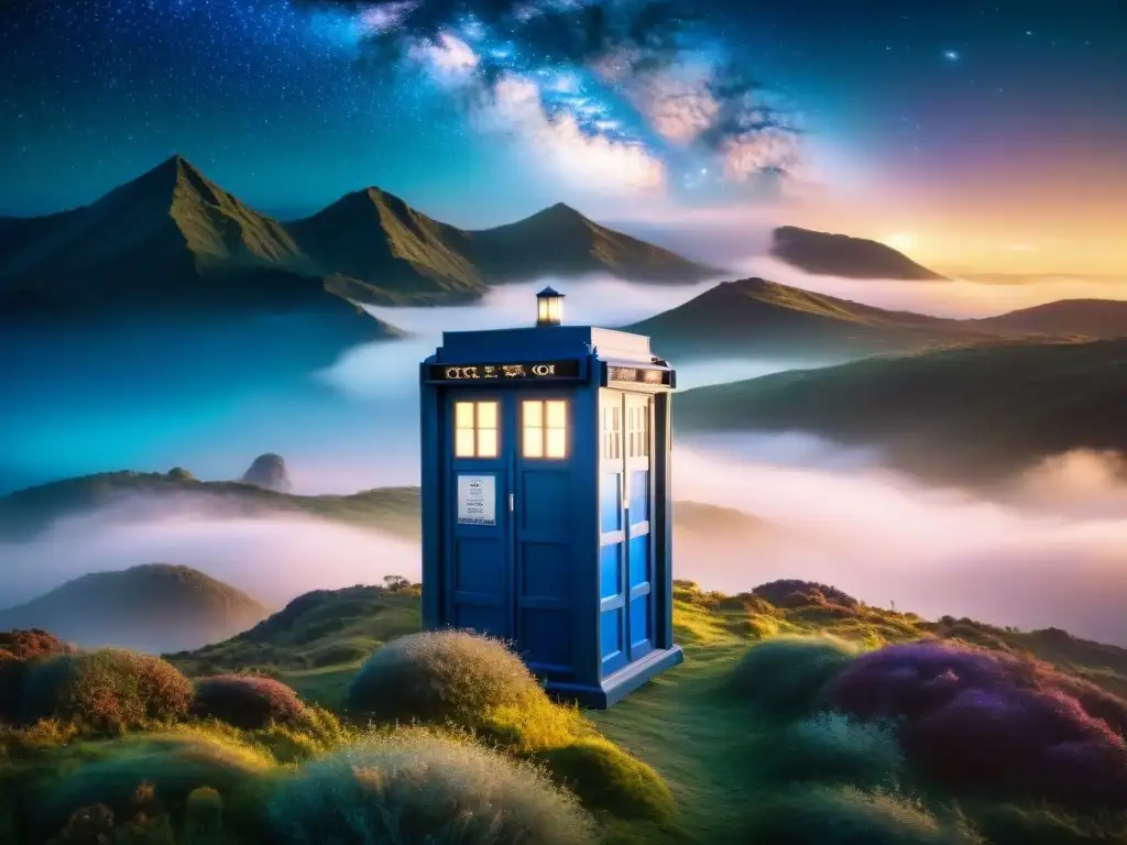 La TARDIS materializándose en un exuberante planeta alienígena, rodeada de galaxias y estrellas brillantes