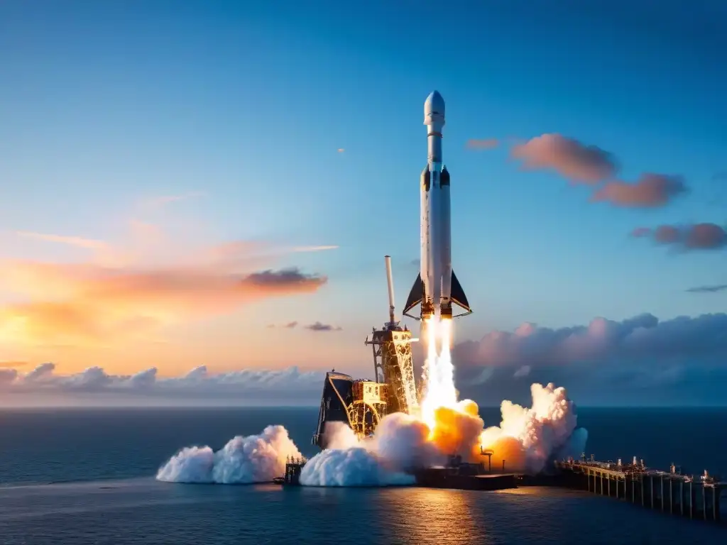 Un Falcon 9 aterrizando en un barco en el mar al atardecer, iluminado por el resplandor de sus motores