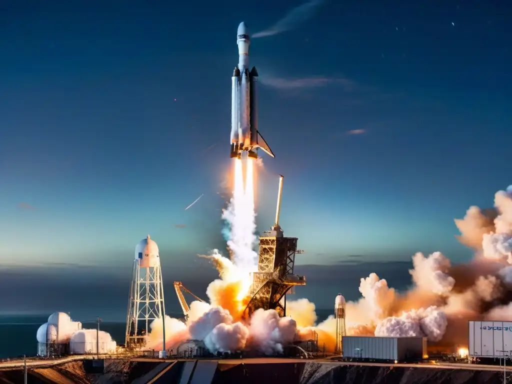 Un Falcon 9 de SpaceX en el lanzamiento, con fuego y humo naranja, en la noche estrellada