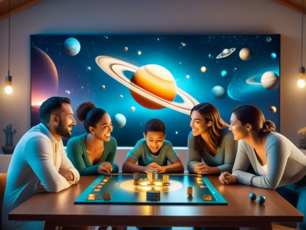 Una familia juega un emocionante juego de estrategia espacial, rodeados de decoraciones y juguetes del espacio