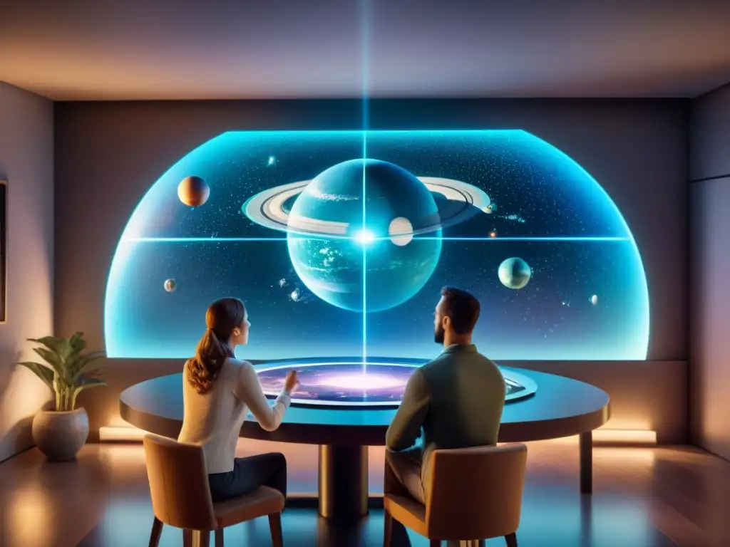 Una familia juega un emocionante juego de estrategia espacial en torno a una mesa holográfica futurista