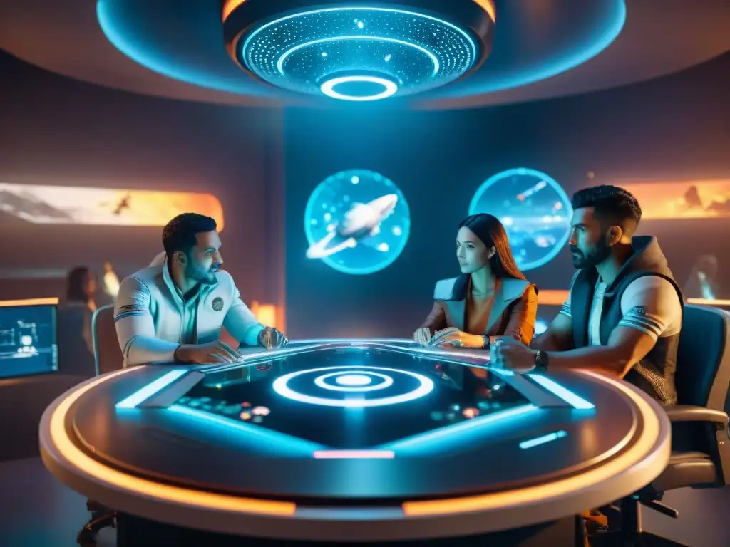 Una familia inmersa en un juego de estrategia espacial en una mesa holográfica futurista