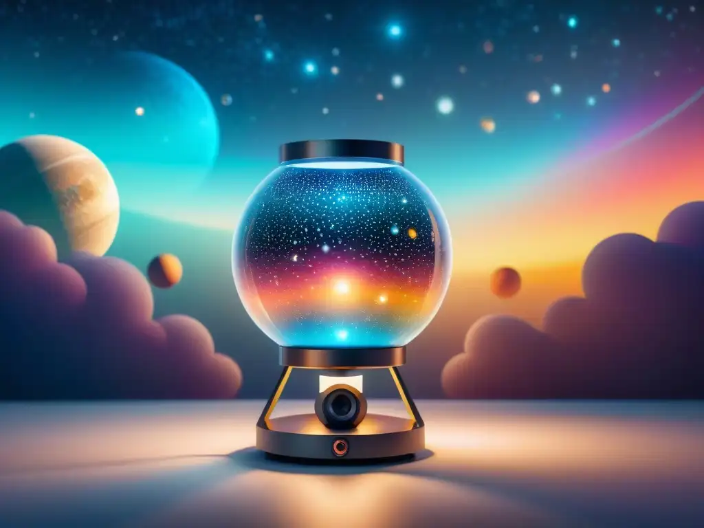 Un farol espacial futurista iluminando gadgets espaciales imprescindibles para fans, en un entorno galáctico deslumbrante