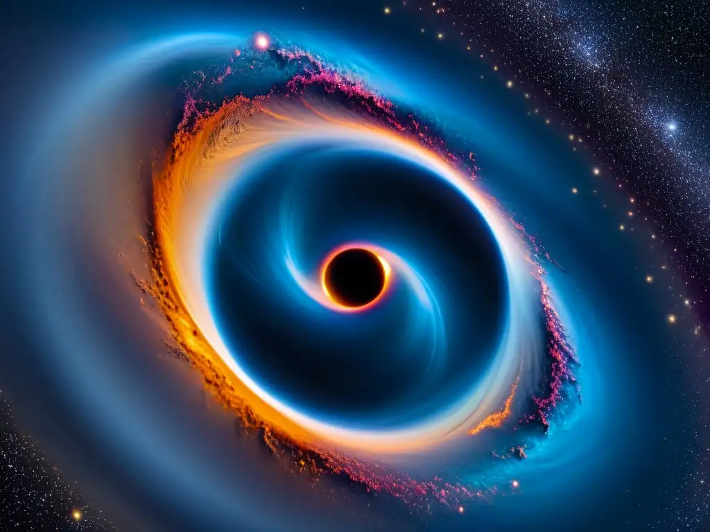 Galaxia remota: agujero negro y nebulosa cósmica Explora el fascinante descubrimiento de agujeros negros en el universo, entre brillantes estrellas y gases cósmicos