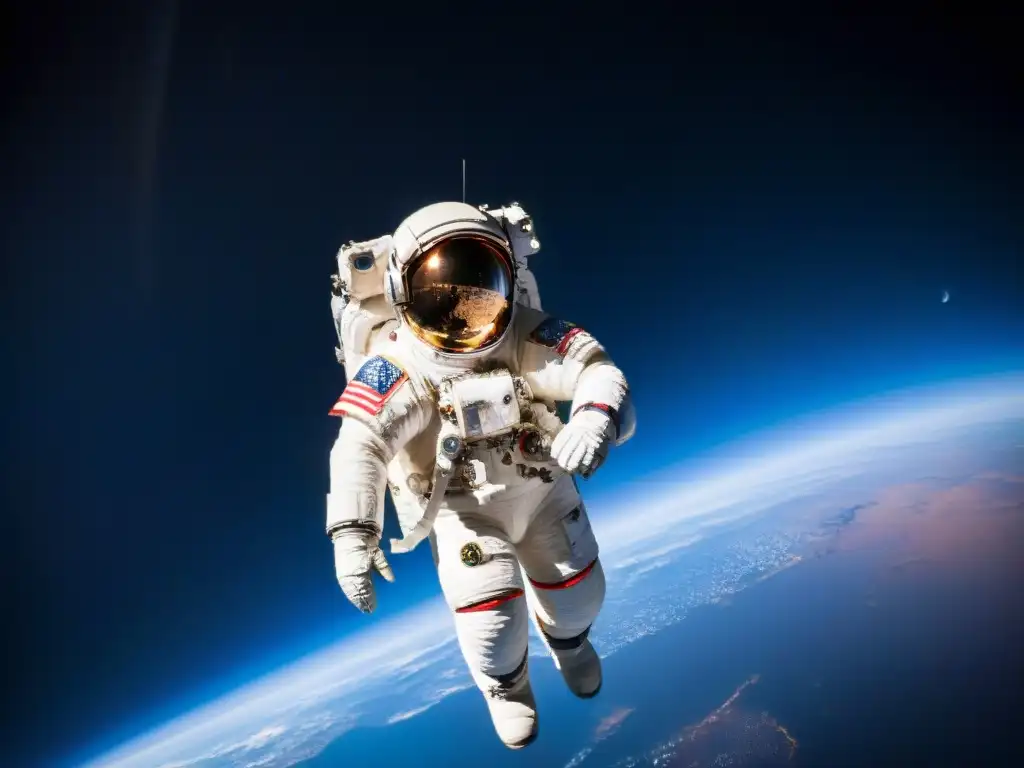 Fascinante escena de astronauta en caminata espacial cerca de la Estación Espacial Internacional, con la Tierra de fondo