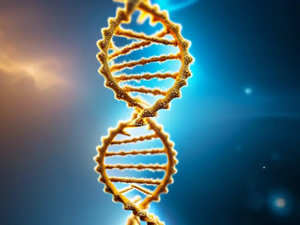 Fascinante estructura de ADN con destellos plateados y dorados entre circuitos futuristas y patrones biométricos, en un escenario cósmico