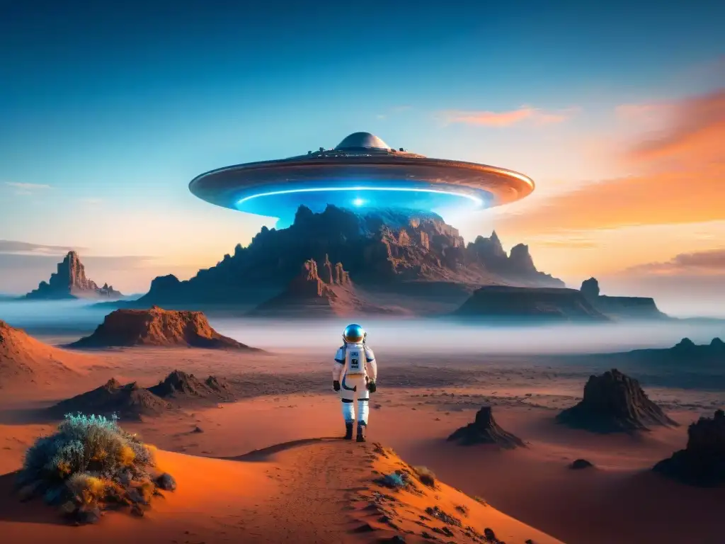 Fascinante exploración en un paisaje alienígena con astronautas y nave futurista