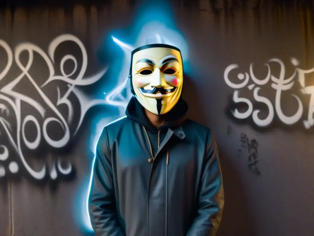 Figura enmascarada de V de Vendetta desafiante ante graffiti de resistencia, iluminada por un rayo de luz