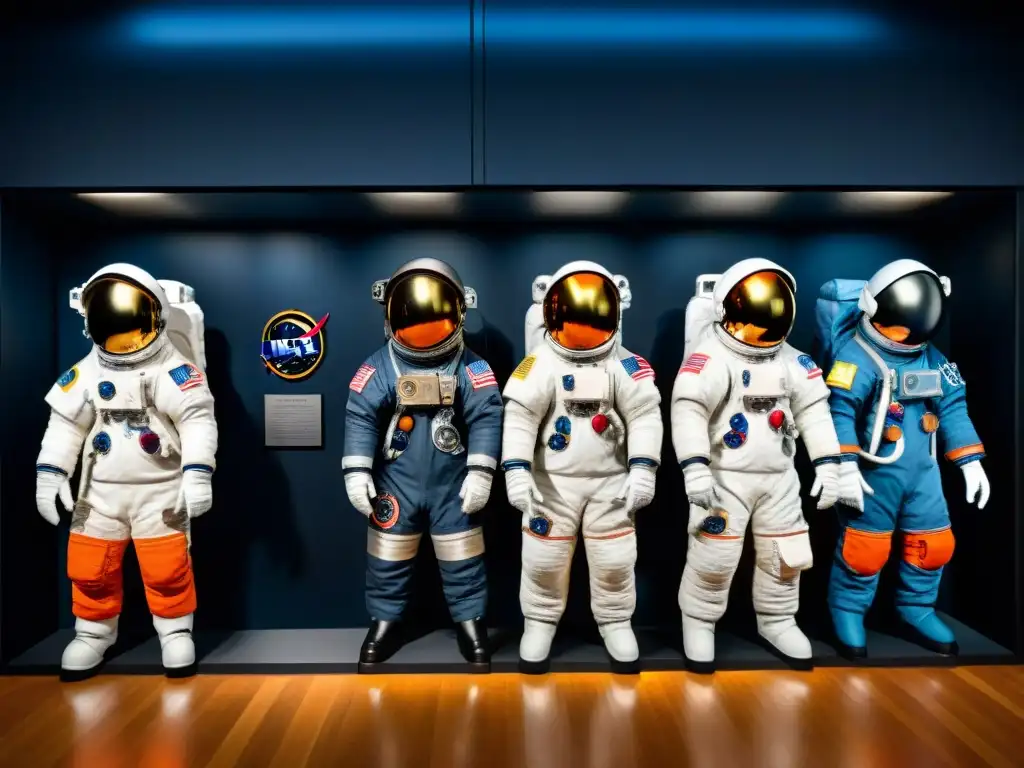 Una fila de trajes de astronauta vintage detallados en una galería, iluminados dramáticamente, con placas informativas detalladas