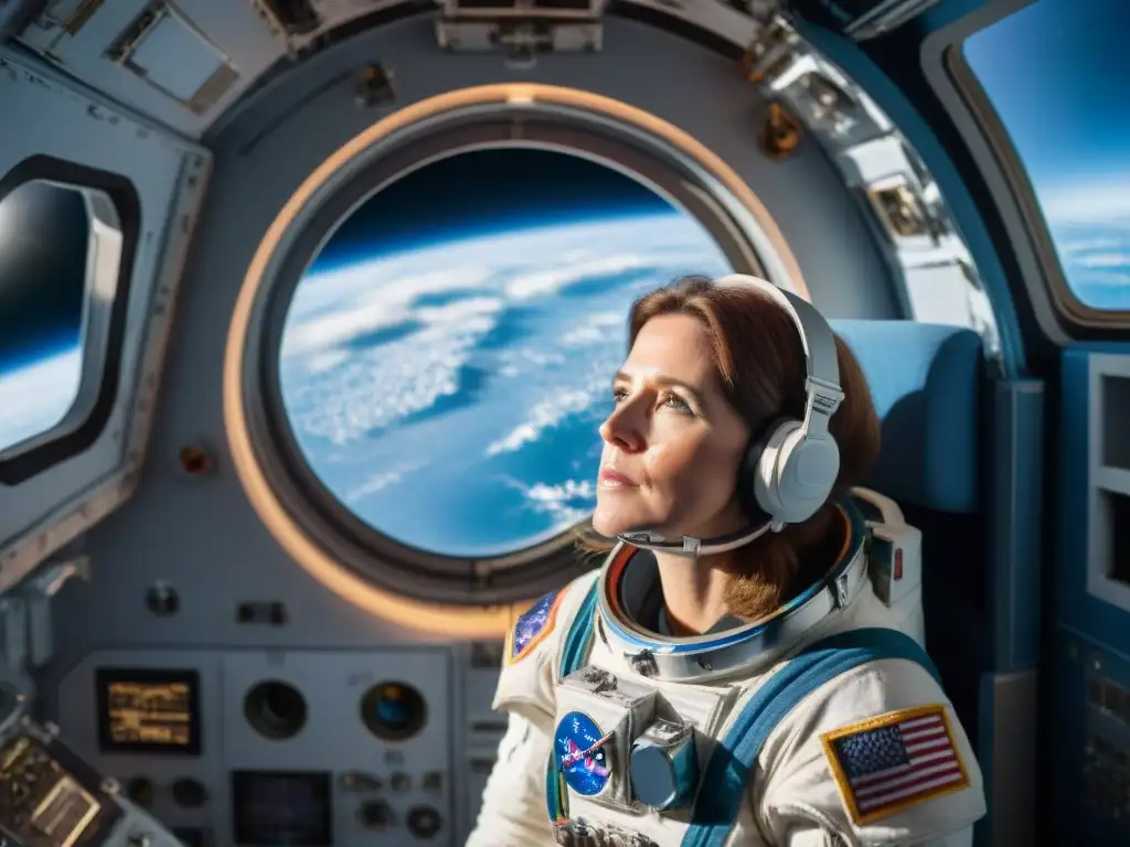 Anna Lee Fisher flota con asombro en la Estación Espacial Internacional, admirando la Tierra desde el espacio en su traje de astronauta