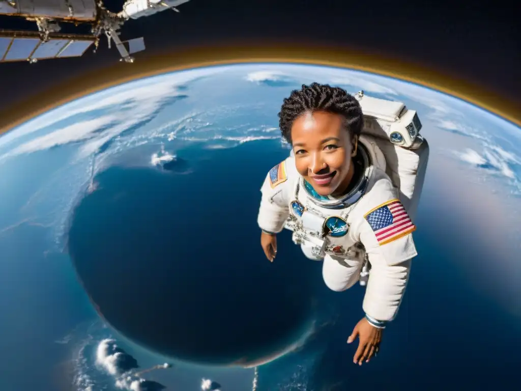 Mae Jemison flota en el espacio con asombro y determinación, destacando la belleza de la exploración del universo y diversidad