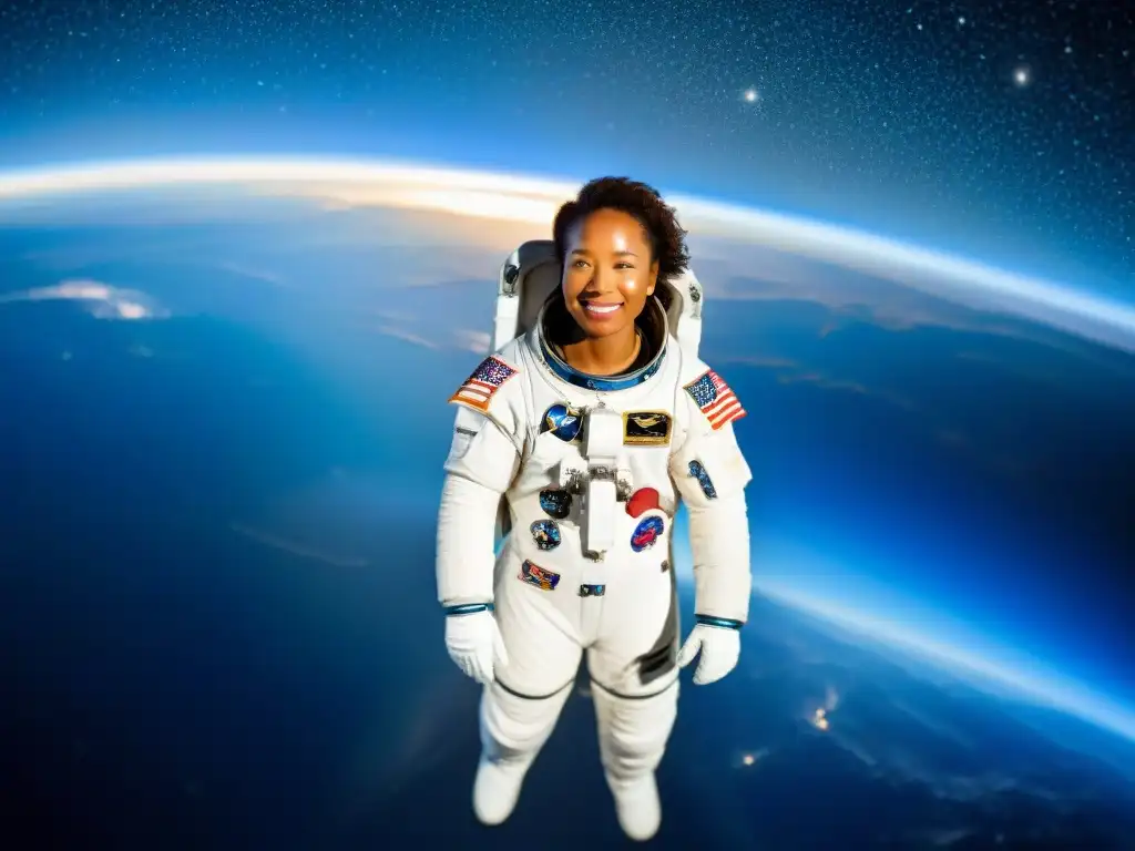 Mae Jemison flota en el espacio, rodeada de estrellas y galaxias, admirando la Tierra