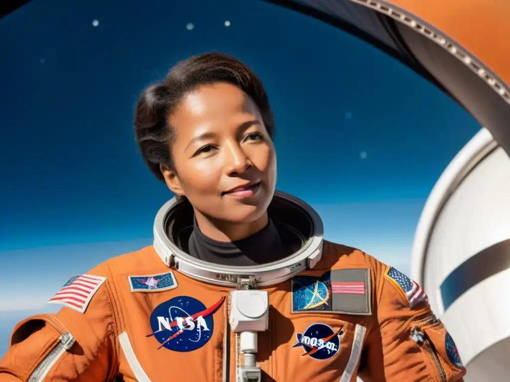 Mae Jemison flota en el espacio, reflejando la Tierra en su visor, rodeada de la nave Endeavour y estrellas brillantes