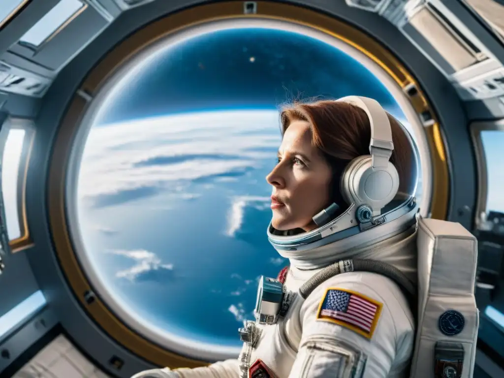 Anna Lee Fisher flota con gracia en el espacio, mirando la Tierra, en una imagen inspiradora