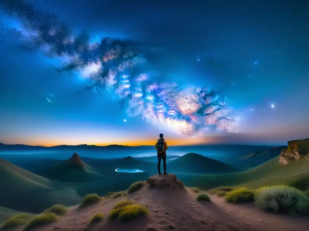 Fotógrafo bajo la Vía Láctea: belleza cósmica en 8k Un fotógrafo solitario captura la Vía Láctea en todo su esplendor desde un lugar remoto, en una imagen detallada de 8k