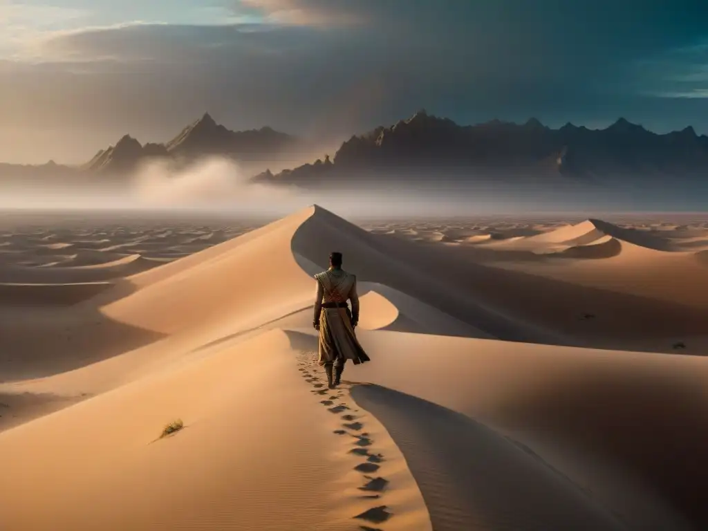 Un Fremen solitario atraviesa las dunas de Arrakis al atardecer, simbolismos y profecías Dune