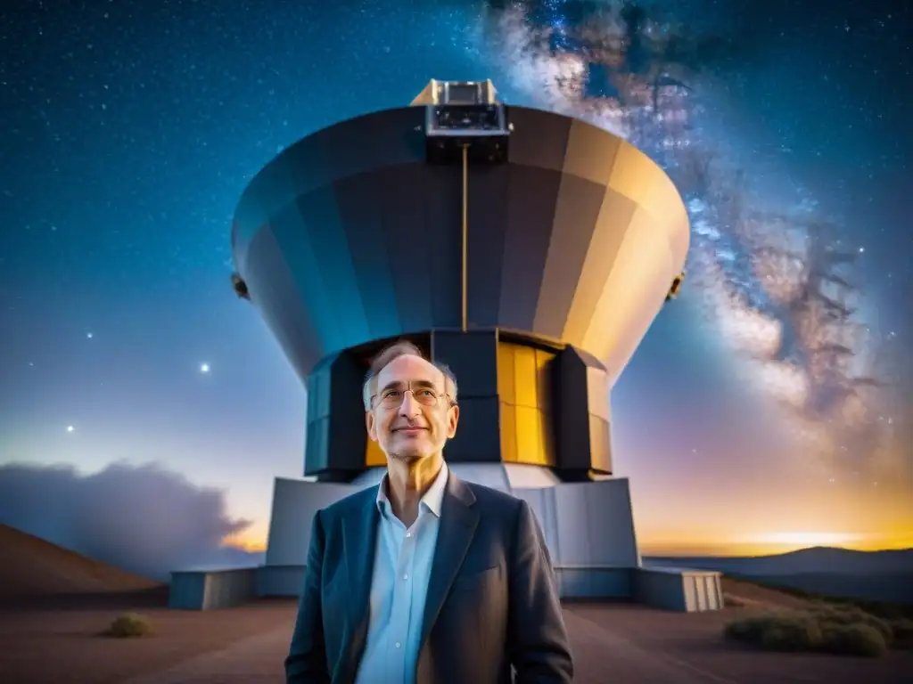 Saul Perlmutter frente a un telescopio masivo en la noche, maravillado por la energía oscura y el cosmos