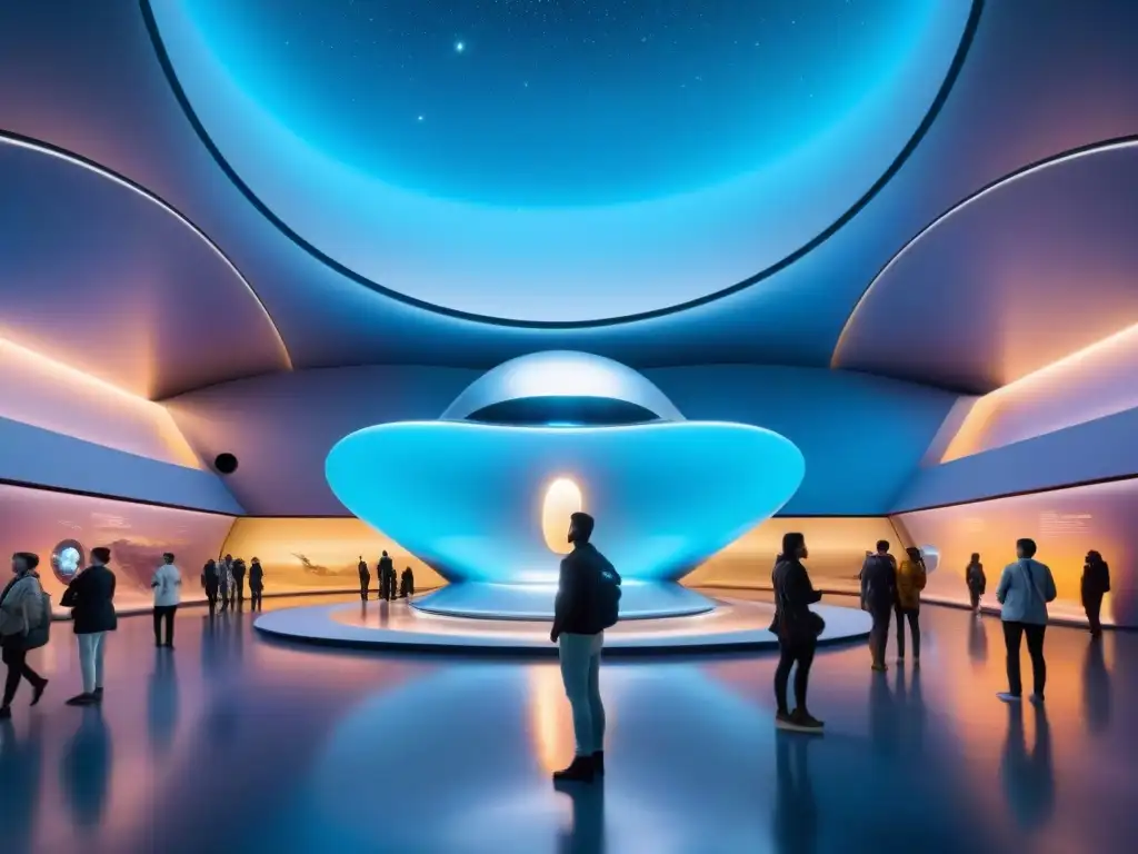 Exhibición futurista en azul, nave espacial plateada en el centro rodeada de hologramas