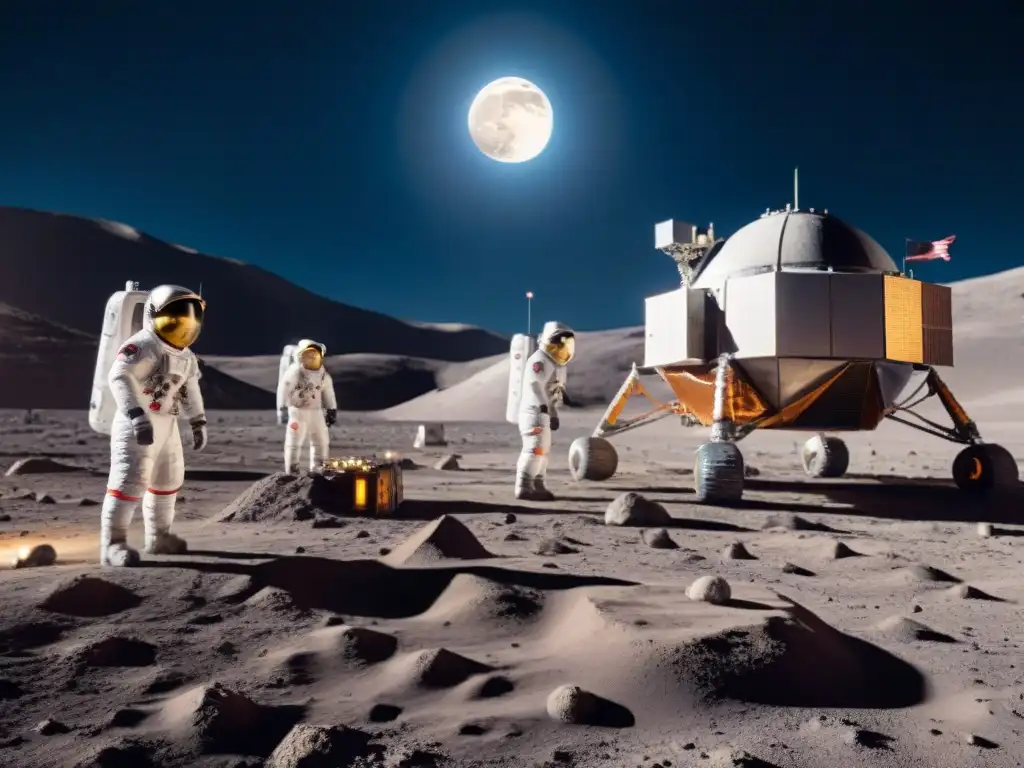 Futurista base lunar exploración espacio con astronautas, rovers y nave lista para misión