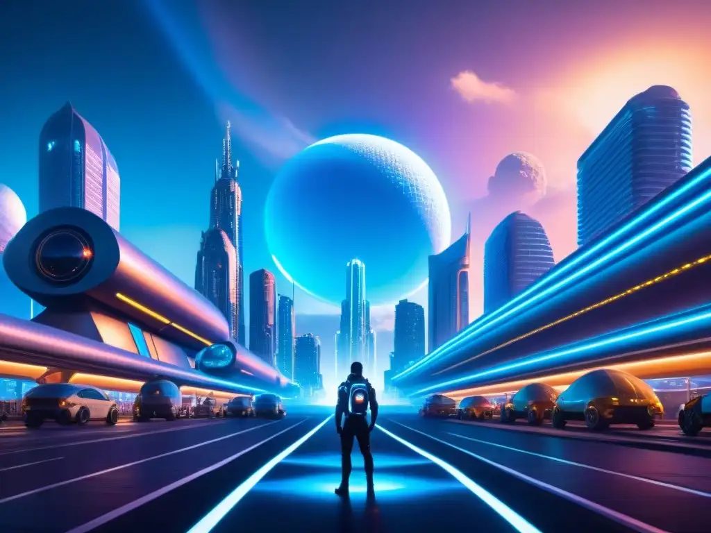 Metrópolis futurista: luces neón en un planeta alienígena Futurista ciudad alienígena con tecnología avanzada y arquitectura extraterrestre