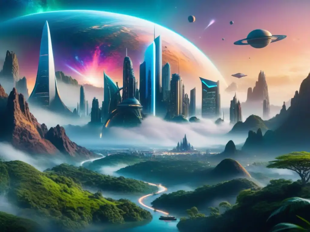 Futurista ciudad alienígena con tecnología avanzada y naturaleza exuberante, inspirada en autores ciencia ficción contemporáneos