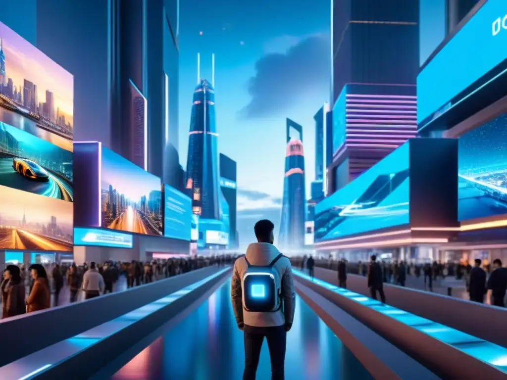Futurista ciudad nocturna con hologramas y avances tecnológicos