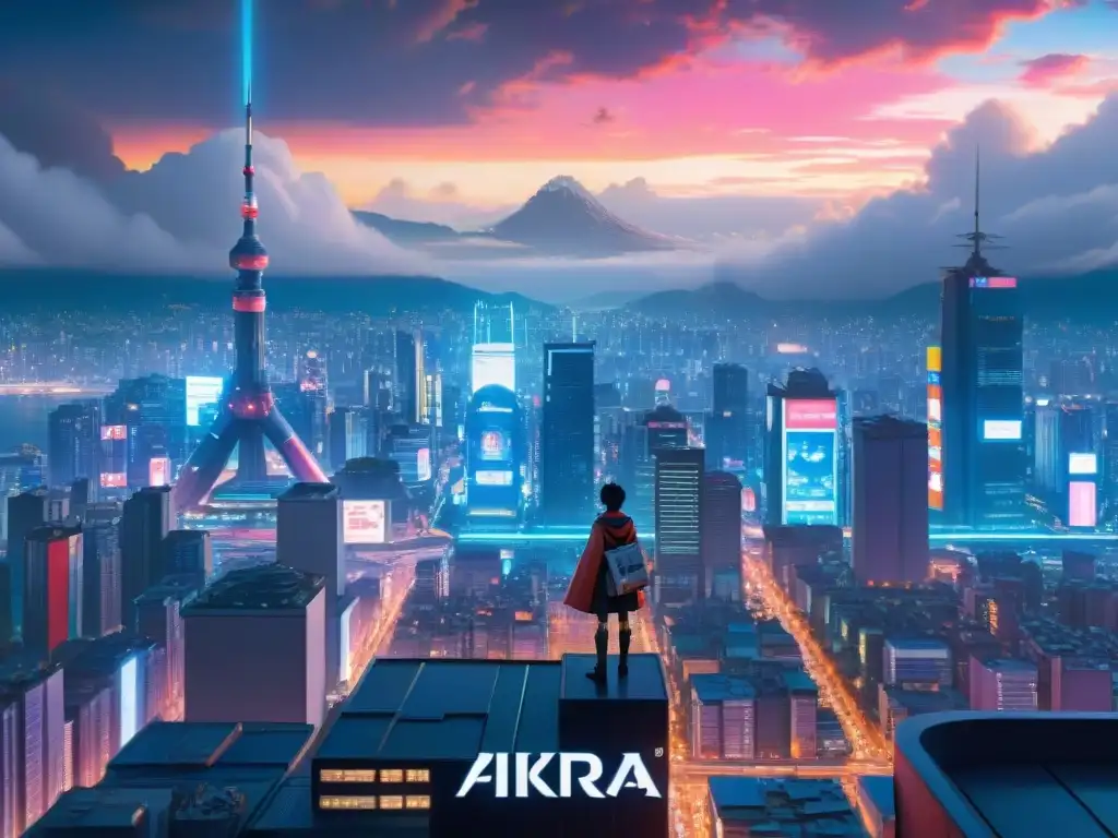 Metrópolis futurista con luces neón y hologramas de 'Akira' Futurista ciudad con rascacielos, autos voladores y holograma del 'Akira' en la noche